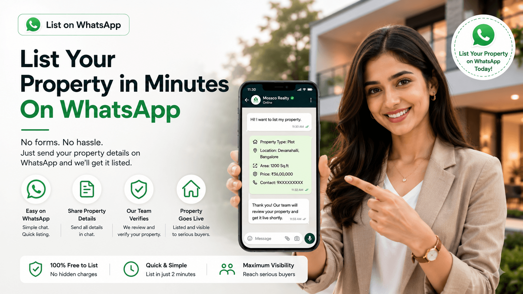 List your property in minutes on WhatsApp — no forms, no hassle